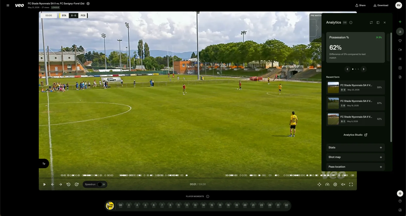 L'analyse en direct dans le lecteur Veo: possession, forme récente et plus encore.